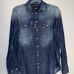 DSQUARED2 Western Denim Shirt with a washed effect & paint splatter details Sz44
